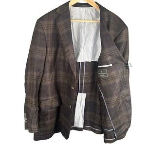 Allen Edmonds Mens 46R Plaid Sport Coat Brown Blue Two Button Blazer USA Made